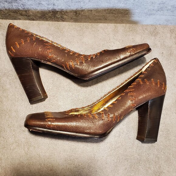 Dolce & Gabbana Vintage Y2K 90s Quiet Luxury Brown Leather Square Toe Heels 39 - Picture 5 of 16